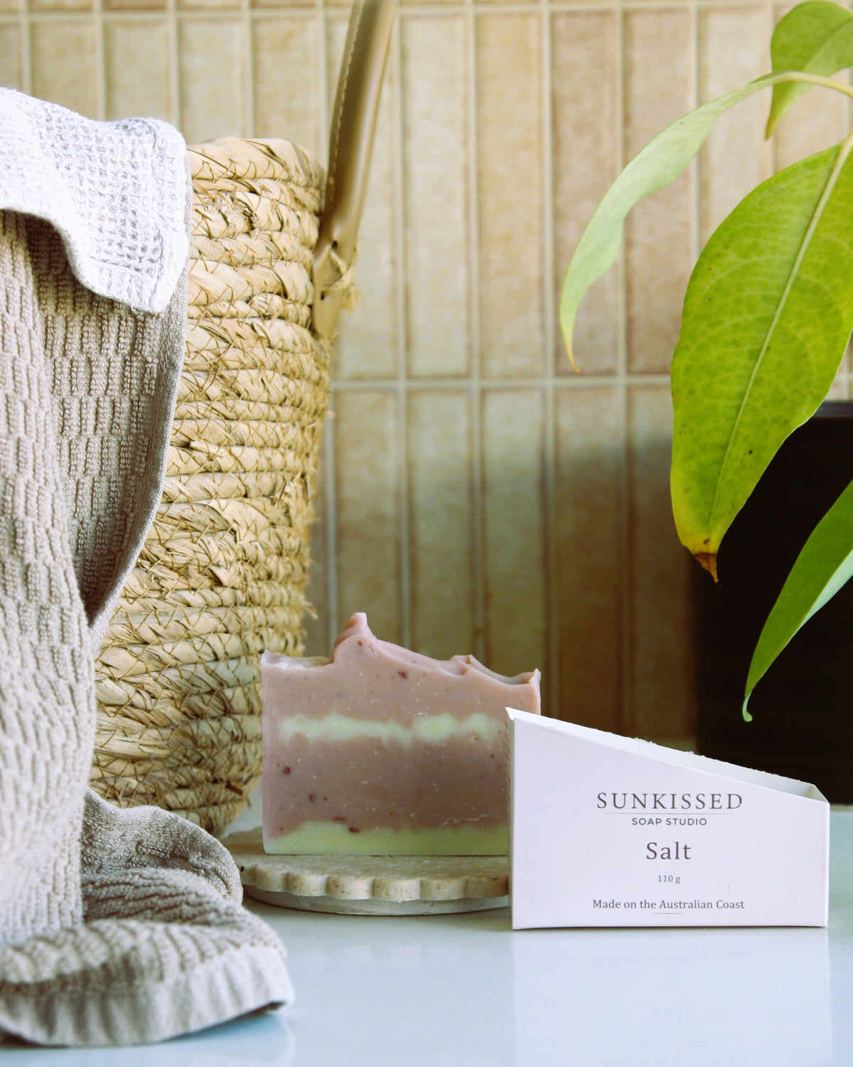 Sunkissed Soap Studio SALT pink clay natural soap, styled in a contemporary Australian home