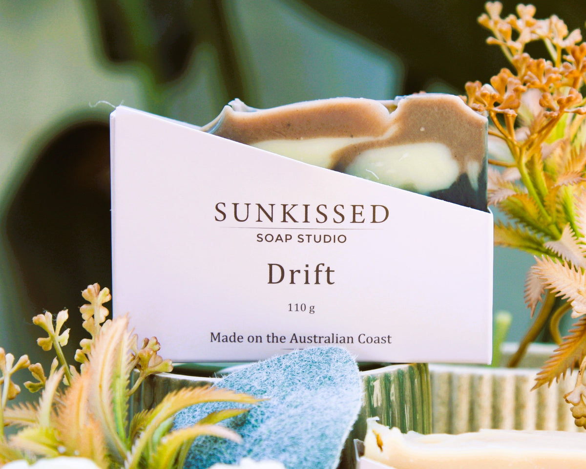 Sunkissed Soap Studio DRIFT Australian natural soap with activated charcoal, photographed on the Australian coast