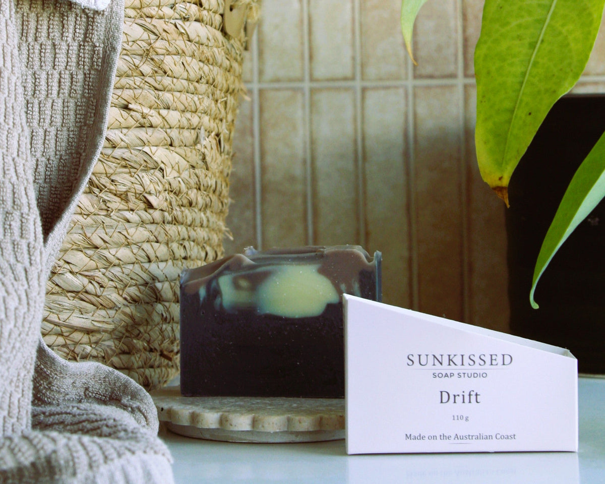 Sunkissed Soap Studio DRIFT natural soap with activated charcoal, styled in a contemporary Australian home